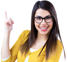 Smiling women looks at the camera and points upwards.